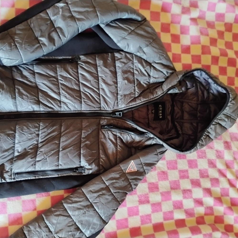 Guess Gray Quilted Jacket Unisex Waterproof Hooded